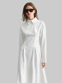 Ontre Women's White Cinched Waist Waist Elegant Commuter Wide Hem Drawstring New Year Spring Solid Color Stand Collar Long Sleeve Casual Dress - White - View 1