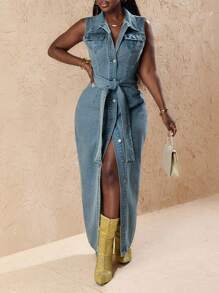 Slaydiva Women Casual Washed Front Button Down Sleeveless Long Denim Dress - Blue - View 1