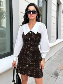 SHEIN Cottnline Women Collared Long Sleeve Plaid Fitted Color Block Mini Dress - Chocolate Brown - View 4