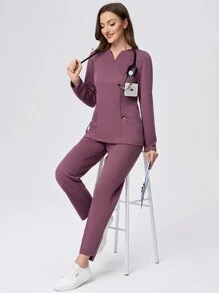 TaskEZ 2pcs Multi-Pocket Long Sleeve Top & Pants Nursing Scrub Uniform Set - Red Violet - View 3