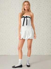 SHEIN EZwear 优雅甜美蝴蝶结装饰迷你抹胸连衣裙 - 黑與白 - 查看 3