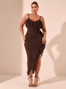 SHEIN BAE 大码女式浪漫优雅V领镂空荷叶边吊带背心连衣裙，巧克力色，适合情人节和夏季 - 棕色 - 查看 2