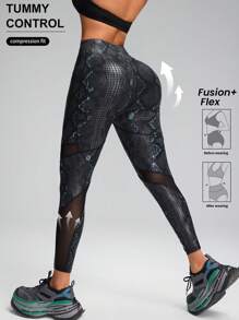 Innovista 女式蛇纹仿皮烫金运动紧身裤，健身房锻炼和日常休闲，跑步，骑行，弹力高腰紧身裤，瑜伽，锻炼，日常休闲和瑜伽健身，秋冬，秋季搭配，徒步裤，户外 - 黑色 - 查看 2