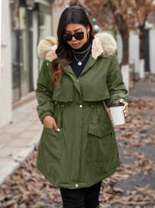 Calvaya Plus Size Women Casual Patchwork Fluffy Hooded Cinched Waist Long Padded Parka Padded Coat, Autumn/Winter