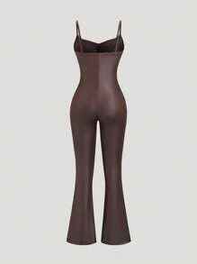 SHEIN Unity Brown Sexy Slim Fit Ruched Jumpsuit With Belt, Party & All Season Wear - Brown - View 8