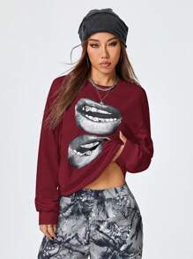 Coolane Jumper Longgar Kasual Bergambar Gaya Streetwear Y2K untuk Wanita - Burgundy - View 2