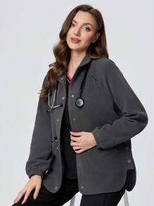 TaskEZ Plush Stand Collar Side Slit Women Scrub Uniform Jacket - Grey - View 4