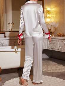LuxeNights Solid Color Faux Silk Tie Cuff Design Long Pants And Long Sleeve Top Pajama Set - White - View 2