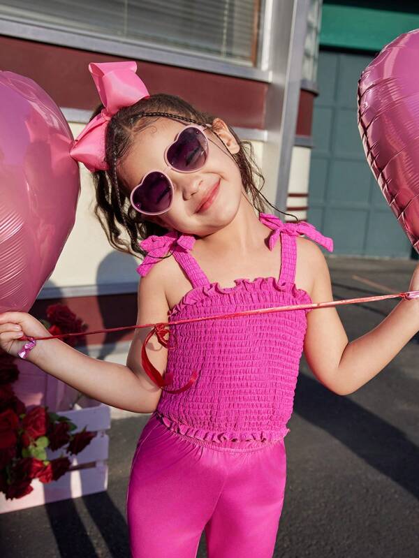 2pcs/Set Young Girl's Plain Crepe Fabric Bowknot Camisole Top And Flare Leg Pants, Elegant Fashion Design Suitable For Outing, School And All Seasons