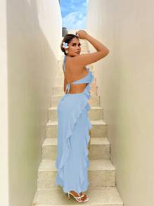 SHEIN SXY Gaun Tanpa Lengan Model Halter Tanpa Punggung dengan Hiasan Ruffle untuk Liburan Pantai Musim Panas Wanita, Gaun Santai - Baby Blue - View 4