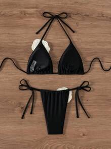 Swim Chiccia 女士性感三角吊带 3D 花卉黑色比基尼套装夏季 - 黑色 - 查看 2