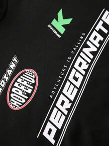 SHEIN EZwear Sudadera casual con capucha negra minimalista con estampado de letras para mujer