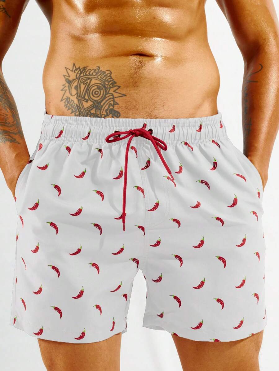 Manfinity KASUA Men's Chili Print Drawstring Waist Pocket Beach Shorts - White - View 1