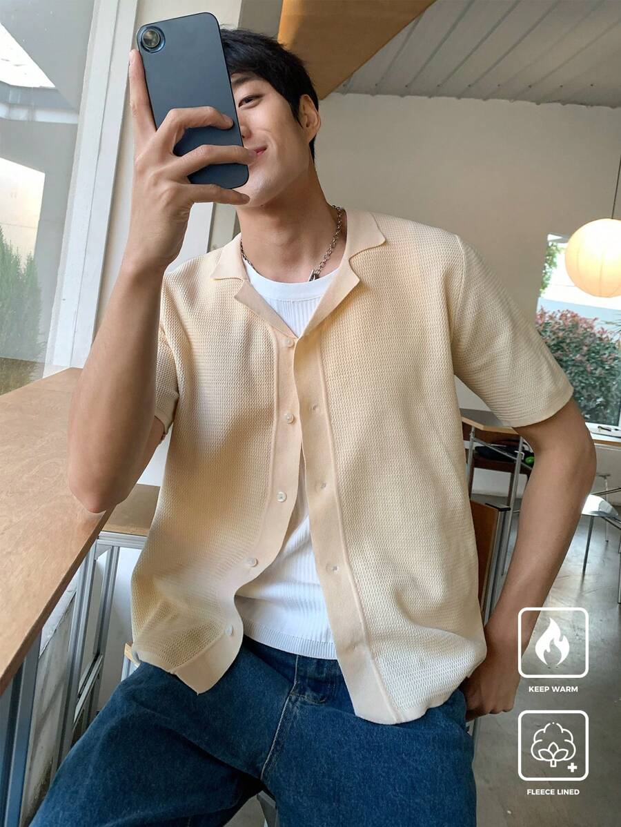 Manfinity CasualKnits Áo sơ mi dệt kim màu trơn cài nút phía trước dành cho nam, tay ngắn - Nhiều màu - Xem 1