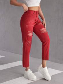 SHEIN PETITE Damen Gerade geschnittene Jeans mit Distressed-Effekt, lässig, mit Taschen, vielseitig einsetzbar