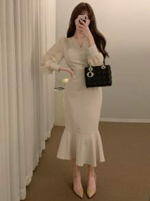 DAZY V领雪纺拼接优雅法式收腰美人鱼下摆长裙女士荷叶边秋季连衣裙长袖连衣裙 - 杏色 - 查看 2