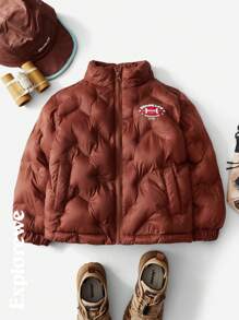 SHEIN 1 Áo khoác có đệm cho bé trai, cổ đứng, tay dài, họa tiết bóng bầu dục, ấm áp và chống gió, thích hợp cho các hoạt động ngoài trời, trang phục thường ngày ở thành thị, trường học, tụ tập vào mùa thu/đông - Cà phê nâu - Xem 5