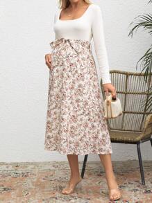 SHEIN Maternity Casual Contrast Floral Print Dress, For Autumn