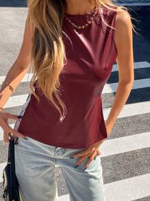 SHEIN Essnce Red Pu Wide Strap Tank Top Sleeveless Waist Tank Top Women Plain PU Leather Round Neck Fashion Tank Top