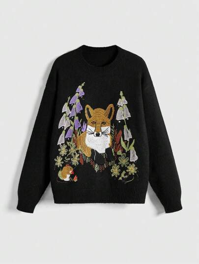 Fairycore Suéter de punto con bordado de zorro y flores en estilo cottage core para mujer talla grande