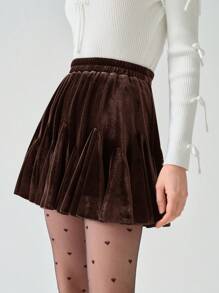 Enchnt Jupe mini mignonne à volants en velours marron pour femmes, romantique pour l'hiver/le printemps. Élégante et douce pour les fêtes de Noël, le Nouvel An, les anniversaires, les vacances, les sorties romantiques et les déplacements quotidiens - Marron - Voir 6