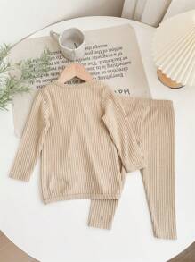 SHEIN Babygirl Cute Casual Solid Color Long Sleeve Top And Elastic Waist Pants 2pcs Set