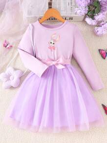 Cute Cartoon Rabbit Print Round Neck Long Sleeve Mesh Girl Dress