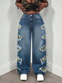 Slaydiva Women's Jeans Camouflage Fit Straight Leg Pants Stitching Camo Cargo Women Pants Low Rise Jeans Y2k Clothes Petite Women Y2k Pants Baggy Women Jeans Low Rise Baggy Jeans Street Wear Women Street Wear Women Ripped Women Jeans Cargo Women Pants Baggy Women Jeans