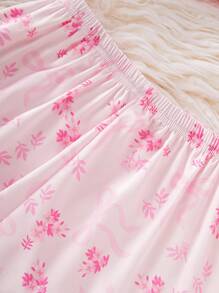 女孩圣诞快乐 2 件套睡衣套装，简约粉色美丽花卉印花长裤和长袖开衫，适合青少年的舒适休闲家居服 - 粉色 - 查看 7