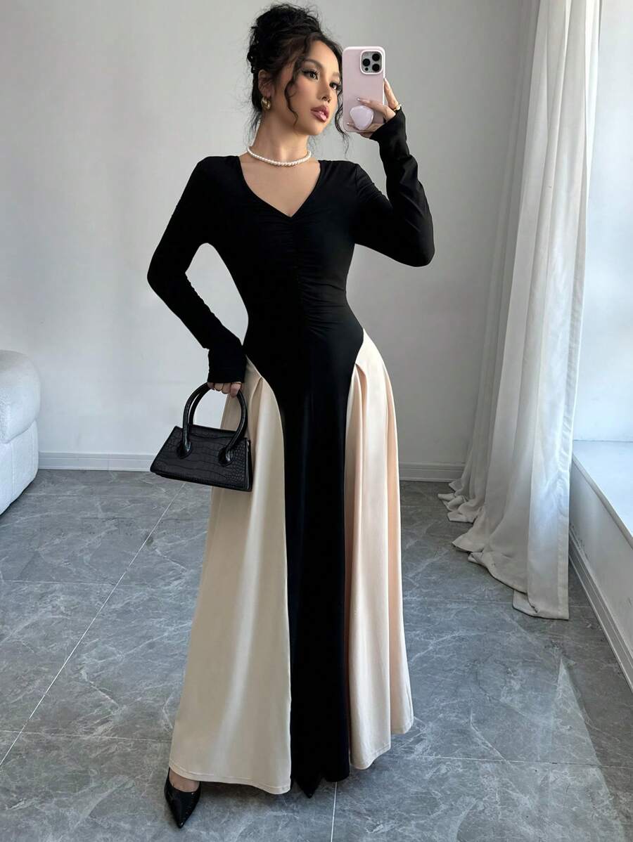 Elenzga Women Solid Color Splicing V-Neck Long Sleeve Simple Long Elegant Dress - Multicolor - View 1