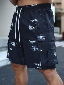 Manfinity LEGND Men's Brush Print Drawstring Waist Cargo Pocket Shorts - Black - View 4