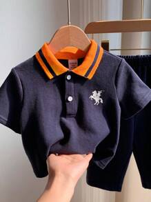 SHEIN Set di polo a contrasto navy e pantaloni con vita elastica per neonati/neonati, outfit estivo - Multicolore - Visualizzare 4