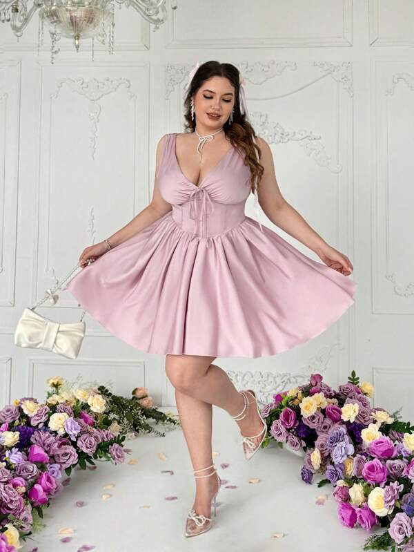 Lyrianda Plus Size Women Elegant Sweet Sexy Bow Accent Waist Mini Party Dress, Suitable For Birthday Party, Anniversary, Cocktail, Wedding Guest, Prom, Homecoming,Valentine