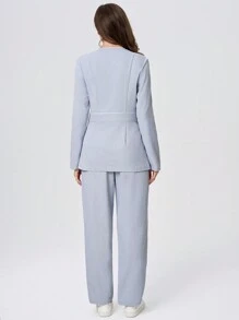 Scrubzie 2 Pieces Set Contrast Color Multi-Pocket Anti-Wrinkle Long Sleeve Blouse & Pants Women's Scrub Uniform - Baby Blue - View 2