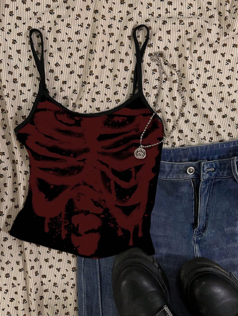 Attitoon 女士休闲骷髅图案性感吊带短款上衣，适合夏季 - 彩色 - 查看 1