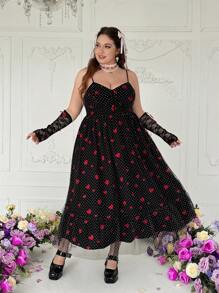 Flirla Romantic Heart/Polka Dot/Lip Print Mesh Panel Adjustable Spaghetti Strap Casual Dress, Suitable For Valentine's Day, New Year - Black - View 5