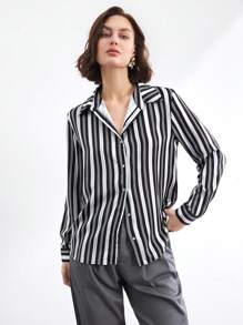 BizChic Kemeja Bergaris Wanita untuk Perjalanan, Pakaian Kantor, Elegan untuk Kerja, Kencan, Musim Semi/Panas - Hitam dan Putih - View 4