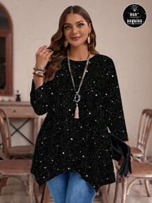 EMERY ROSE Plus Size Women Casual Asymmetrical Hem Round Neck Loose 3/4 Sleeve T-Shirt, Autumn/Winter