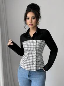 SHEIN Essnce Women Elegant Patchwork Tweed Long Sleeve Shirt, Spring,Office Siren,Valentine's Day Blouse - Black and White - View 5