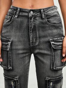 ROMWE Grunge Punk Wasteland Punk Style Multi-Pocket Distressed Washed-Effect Women Kpop Grey Versatile Flare Leg Jeans - Grey - View 4