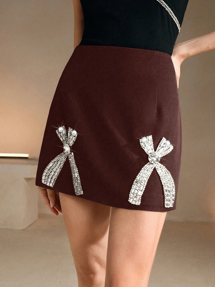 Elegant Fashion Diamond Bowknot Detailed Midi Skirt