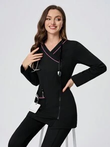 Scrubzie Color Block Fitted Stretch Long Sleeve Nurse Scrub Uniform Top - Black - View 5