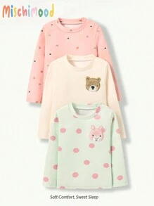 3pcs Young Girl' Cute Bear & Rabbit Pattern Comfortable Base Layer Thermal Underwear Set - Multicolor - View 3