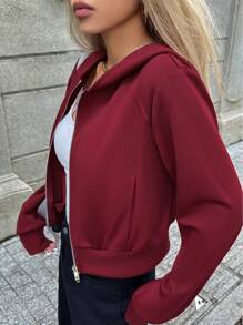 Chiquease 女士休闲宽松连帽双拉链口袋长袖短款卫衣（秋季款） - 酒紅色 - 查看 7