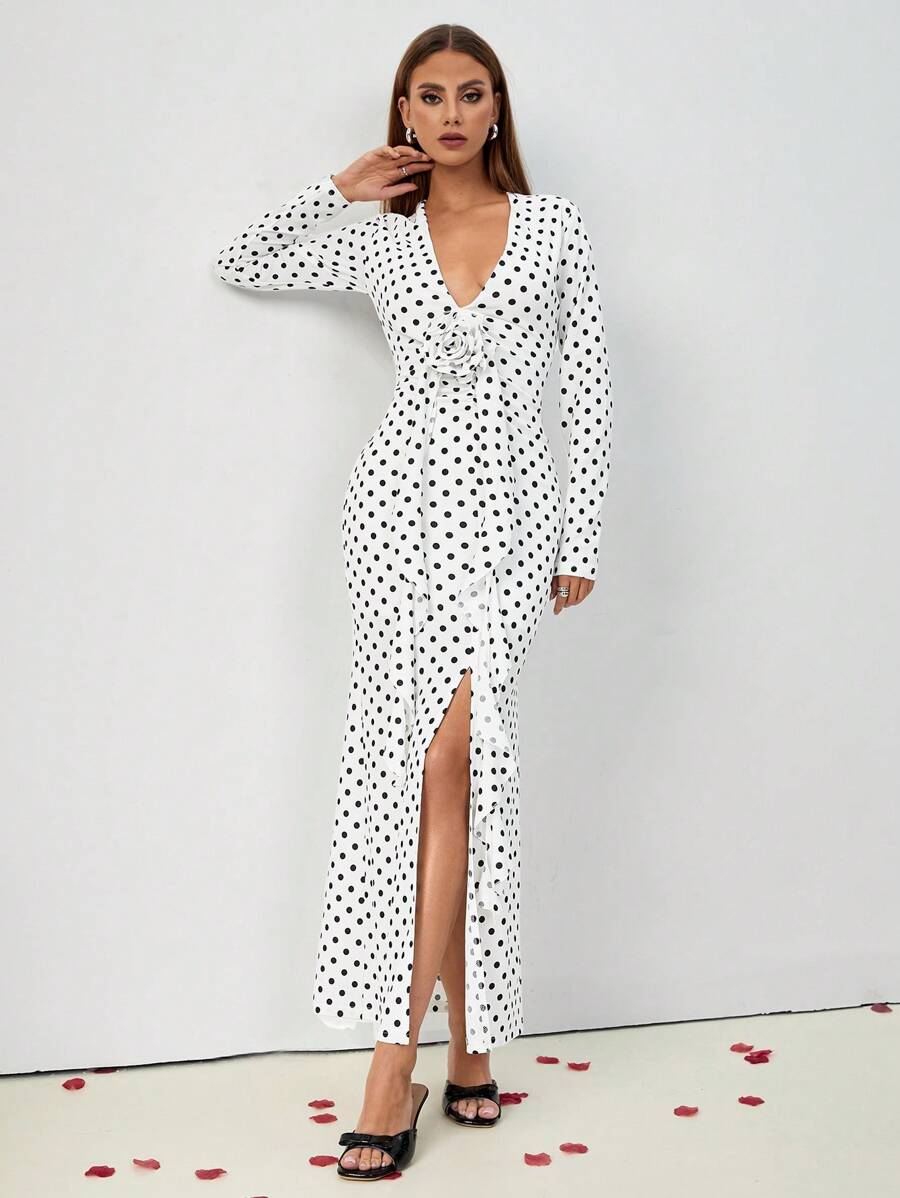 Chiquease Robe moulante à col plongeant avec décoration florale 3D, manches longues, élégante pour femmes, automne/hiver - Blanc - Voir 1