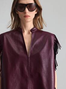 Ontre 2025 新款女士流苏装饰 V 领简约夹克，适合日常休闲穿着、情人节、春季 - 酒紅色 - 查看 4