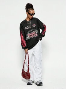 SHEIN EZwear Women's Ricing Game Day Long Sleeve Patchwork Printed Jersey T-Shirt,Couple Same Style - Black - View 6