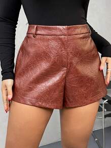 SHEIN Privé Quần short da PU siêu ngắn thời trang cổ điển, thanh lịch khi đi làm, nơi làm việc, trà chiều tinh tế, hẹn hò lãng mạn, lễ hội âm nhạc, tiệc tùng, phong cách retro phổ biến của INS, quần short đỏ tía gợi cảm dành cho quý cô - Màu Đỏ Sâu - Xem 5