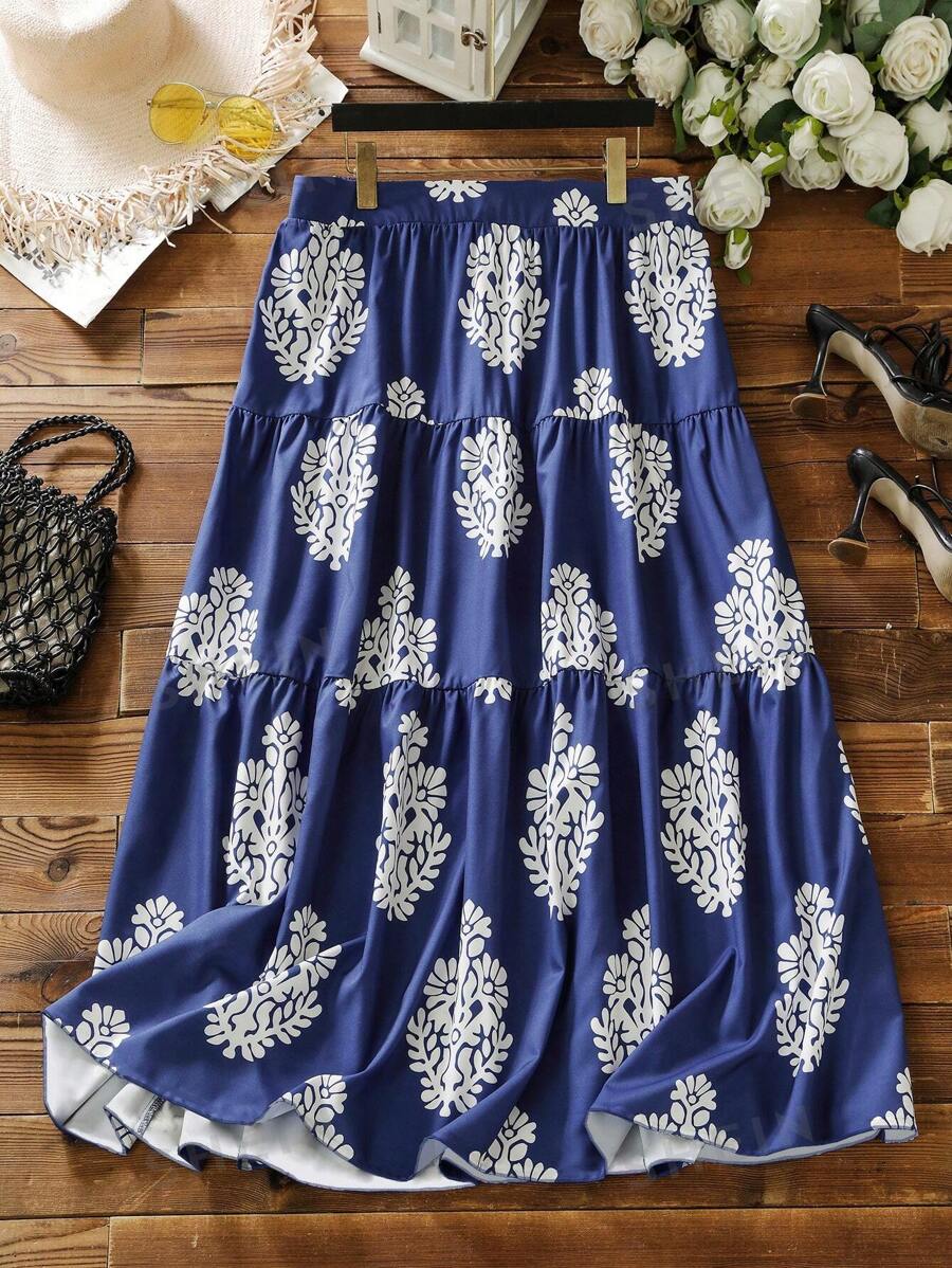 Lacomfia Falda acampanada de corte holgado y estampada con varias capas, de estilo casual para primavera/otoño, tallas grandes