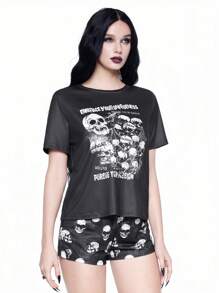 ROMWE Gothic Style Skull Graphic Short Sleeve Shorts Sleepwear Set - Black - View 4